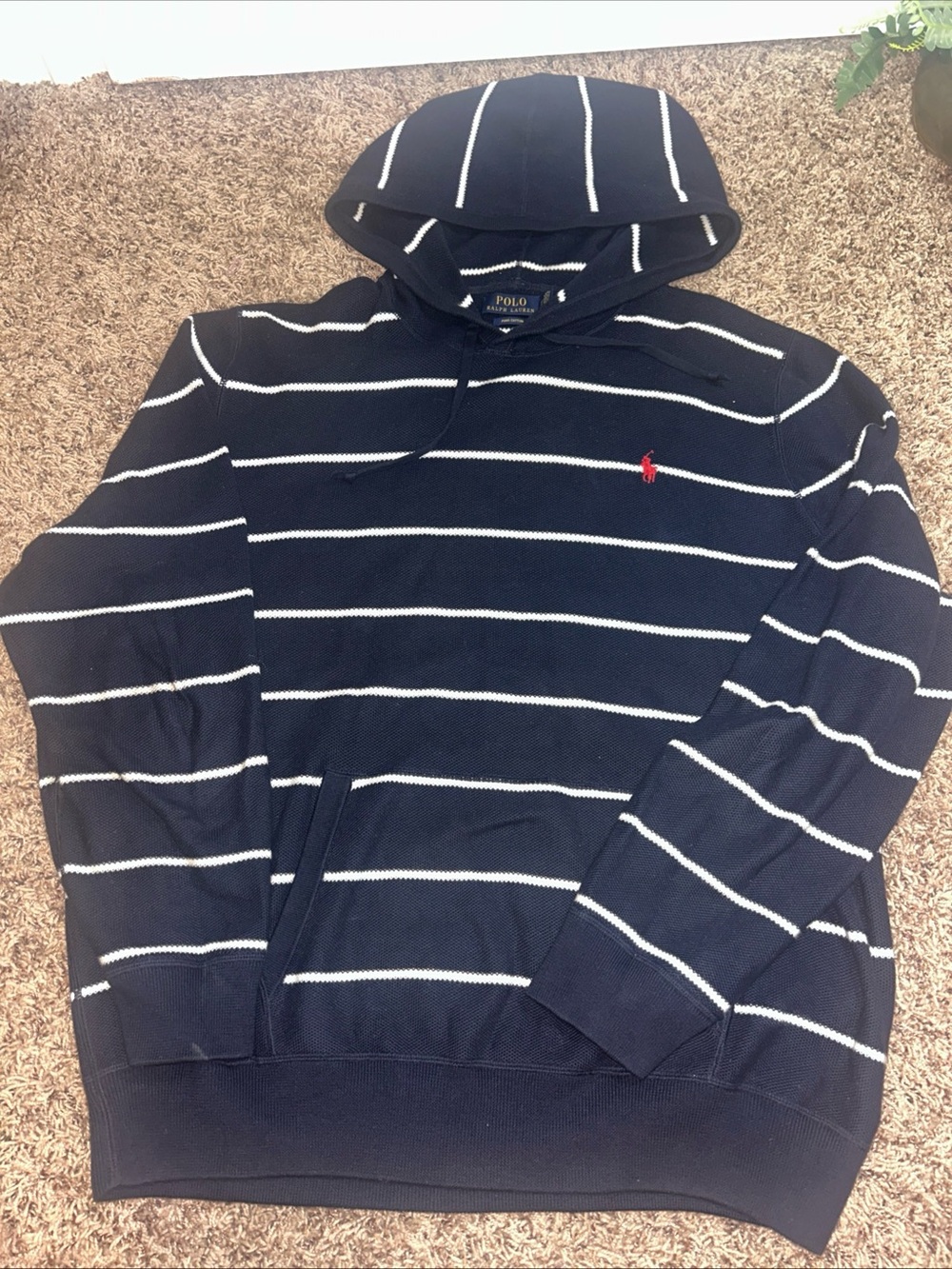 Polo by Ralph Lauren Navy and White Striped Hooded Sweater with Red Pony